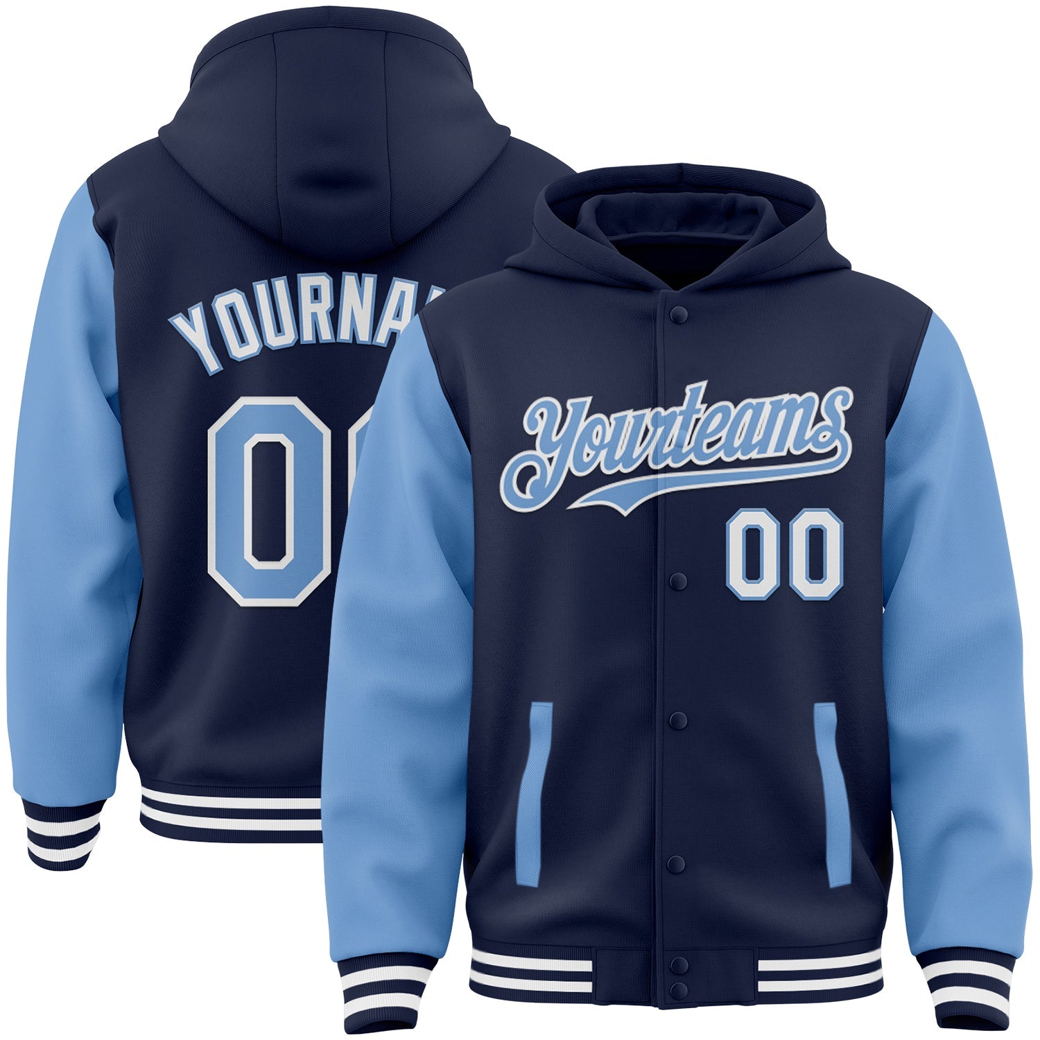 Custom Navy Light Blue-White Bomber Full-Snap Varsity Letterman Two Tone Hoodie Jacket - Main View