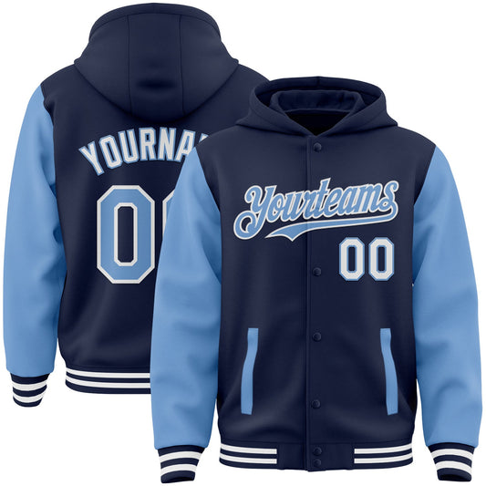 Custom Navy Light Blue-White Bomber Full-Snap Varsity Letterman Two Tone Hoodie Jacket - Main View
