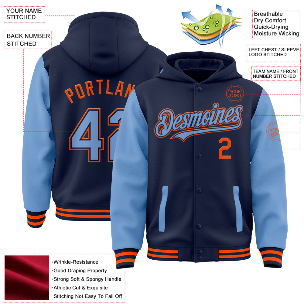 Custom Navy Light Blue-Orange Bomber Full-Snap Varsity Letterman Two Tone Hoodie Jacket view 3