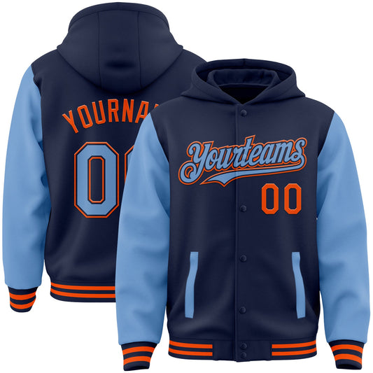 Custom Navy Light Blue-Orange Bomber Full-Snap Varsity Letterman Two Tone Hoodie Jacket - Main View