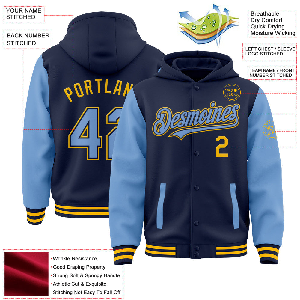 Custom Navy Light Blue-Gold Bomber Full-Snap Varsity Letterman Two Tone Hoodie Jacket view 3