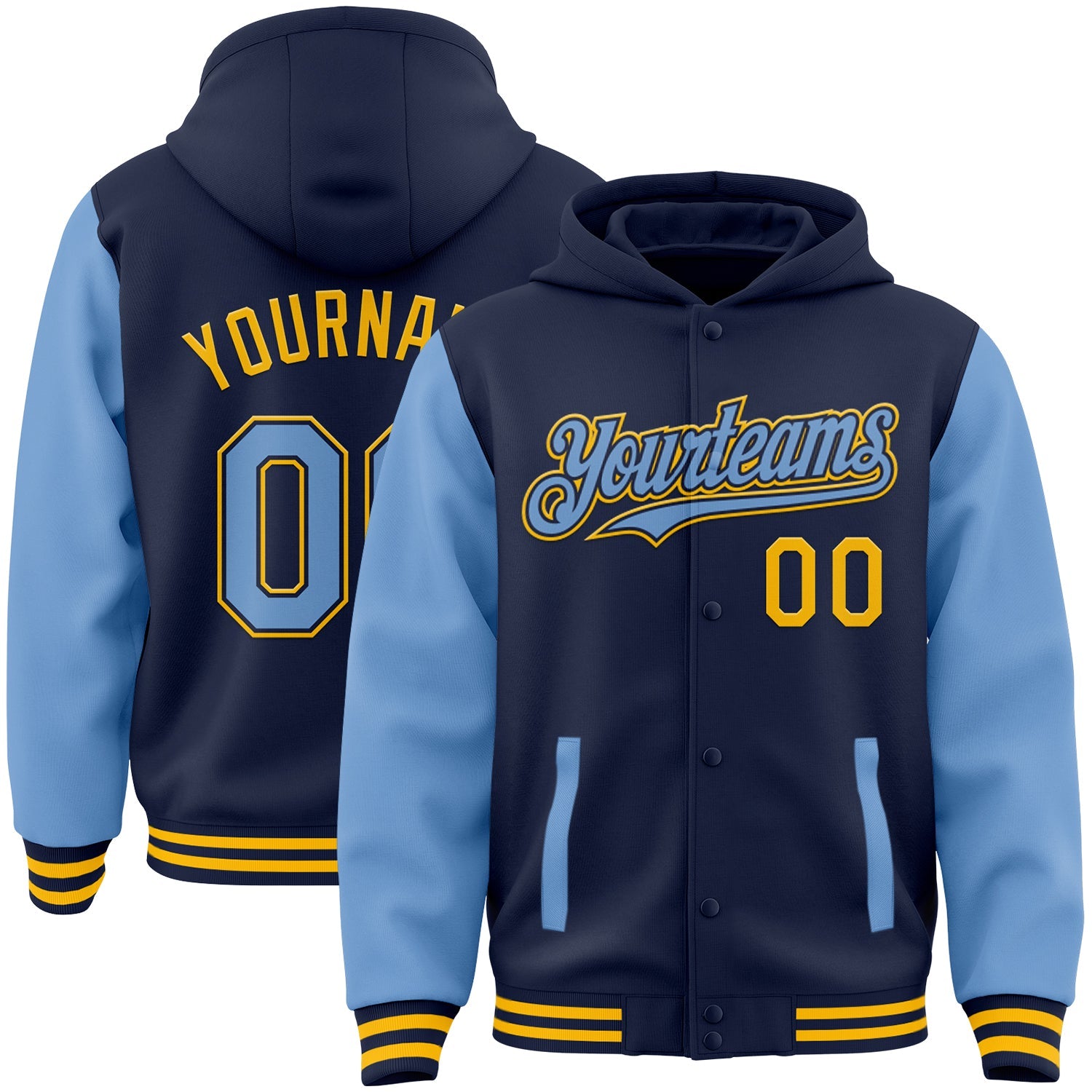 Custom Navy Light Blue-Gold Bomber Full-Snap Varsity Letterman Two Tone Hoodie Jacket - Main View
