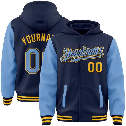 Custom Navy Light Blue-Gold Bomber Full-Snap Varsity Letterman Two Tone Hoodie Jacket - Main View