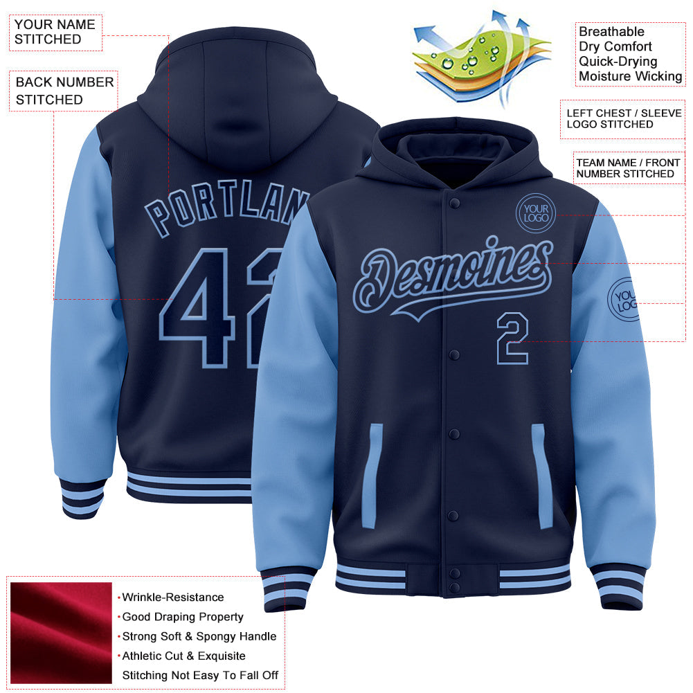 Custom Navy Light Blue Bomber Full-Snap Varsity Letterman Two Tone Hoodie Jacket view 3