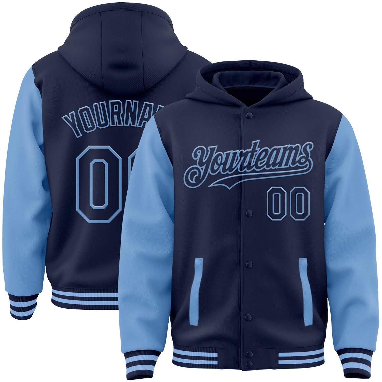 Custom Navy Light Blue Bomber Full-Snap Varsity Letterman Two Tone Hoodie Jacket - Main View