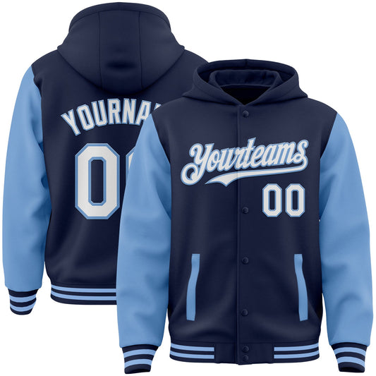 Custom Navy White-Light Blue Bomber Full-Snap Varsity Letterman Two Tone Hoodie Jacket - Main View