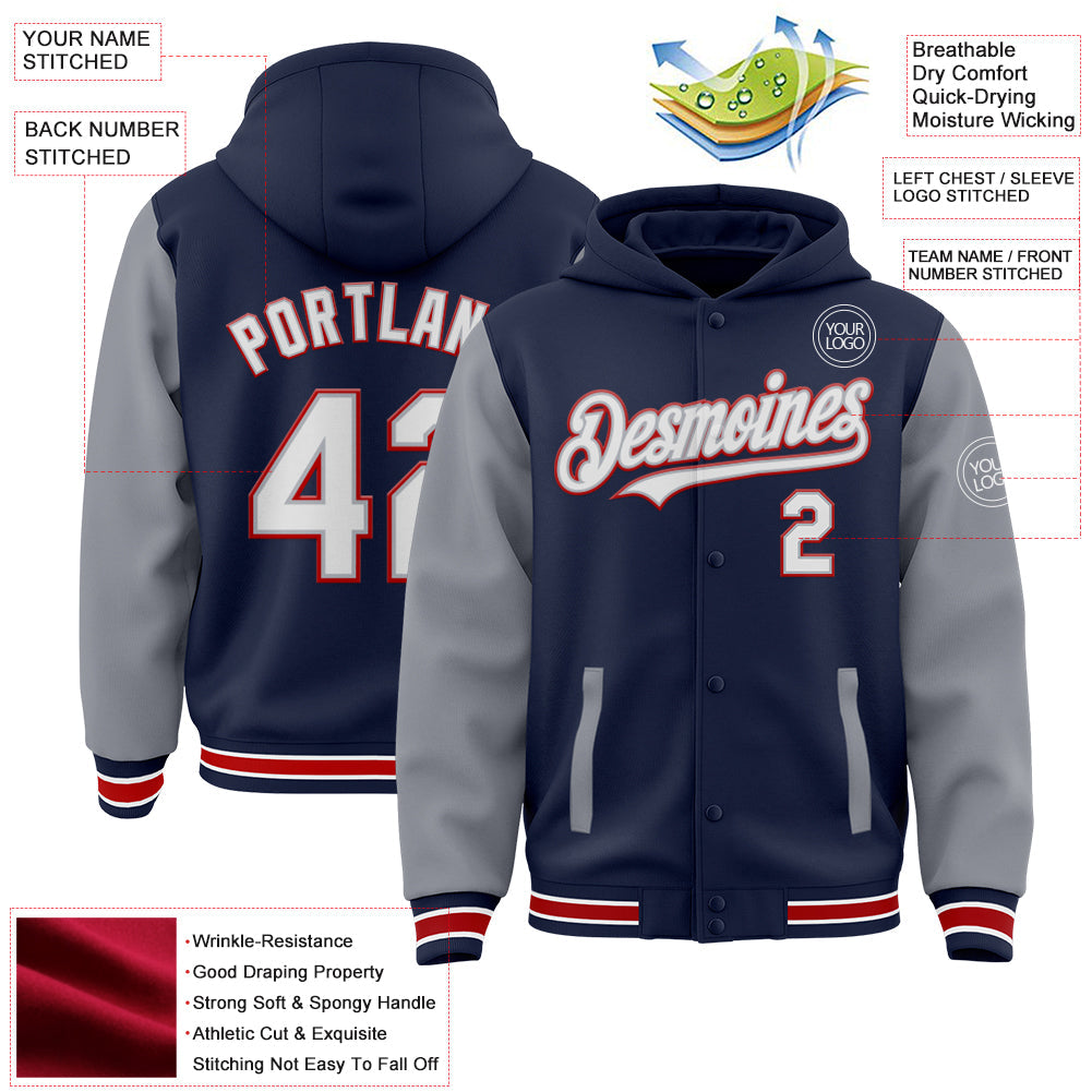 Custom Navy Gray-Red Bomber Full-Snap Varsity Letterman Two Tone Hoodie Jacket view 3