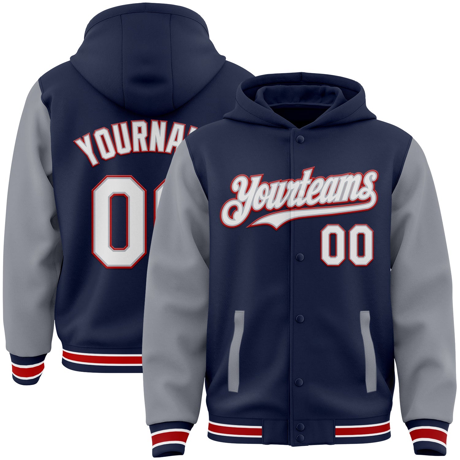 Custom Navy Gray-Red Bomber Full-Snap Varsity Letterman Two Tone Hoodie Jacket - Main View