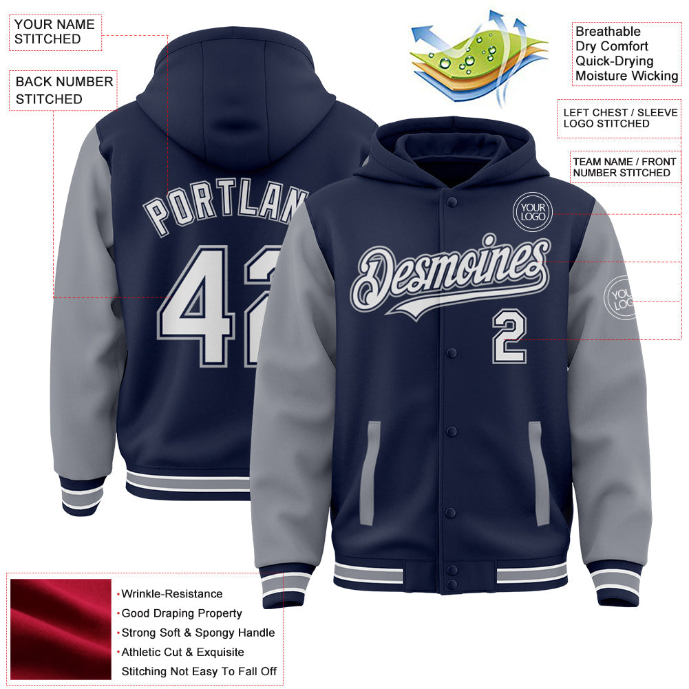 Custom Navy White-Gray Bomber Full-Snap Varsity Letterman Two Tone Hoodie Jacket view 3