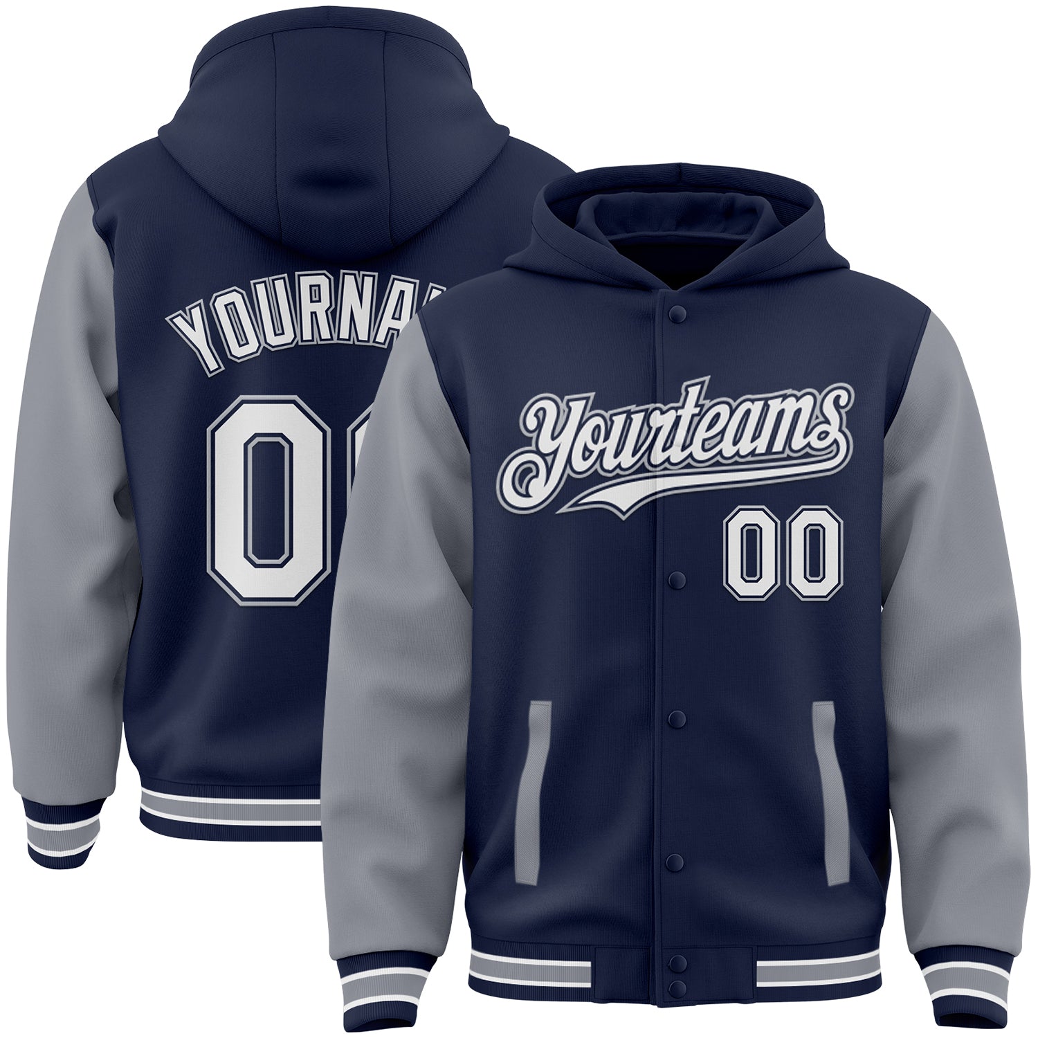 Custom Navy White-Gray Bomber Full-Snap Varsity Letterman Two Tone Hoodie Jacket - Main View