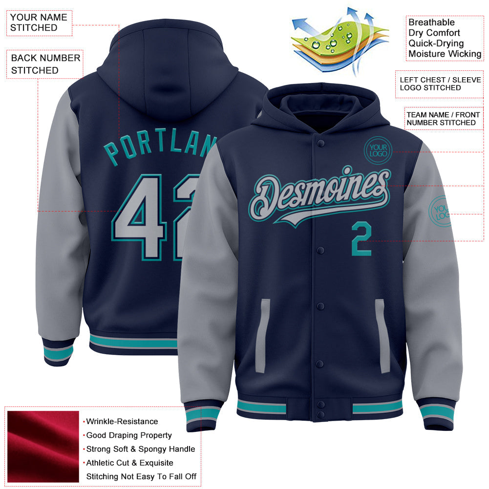 Custom Navy Gray-Teal Bomber Full-Snap Varsity Letterman Two Tone Hoodie Jacket view 3