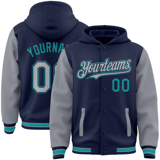Custom Navy Gray-Teal Bomber Full-Snap Varsity Letterman Two Tone Hoodie Jacket - Main View