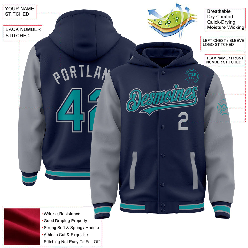 Custom Navy Teal-Gray Bomber Full-Snap Varsity Letterman Two Tone Hoodie Jacket view 3