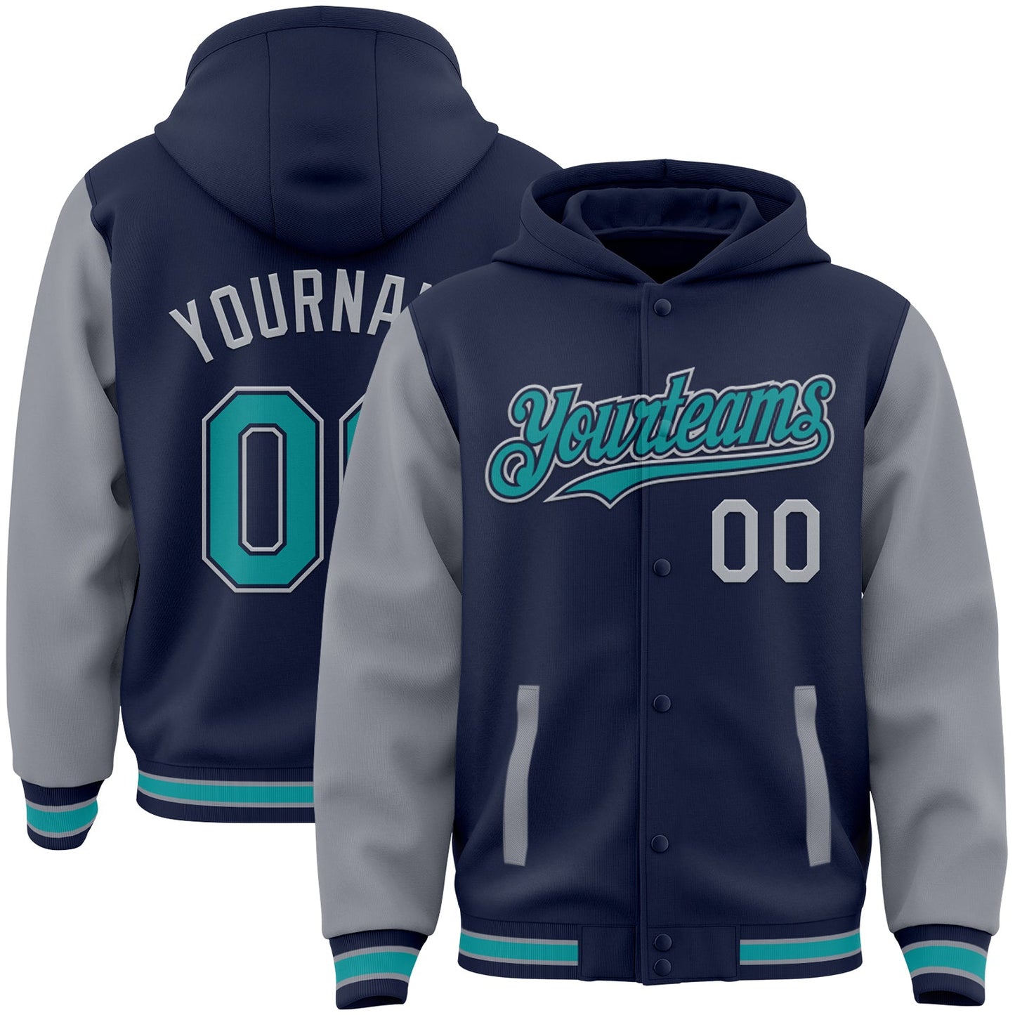 Custom Navy Teal-Gray Bomber Full-Snap Varsity Letterman Two Tone Hoodie Jacket - Main View