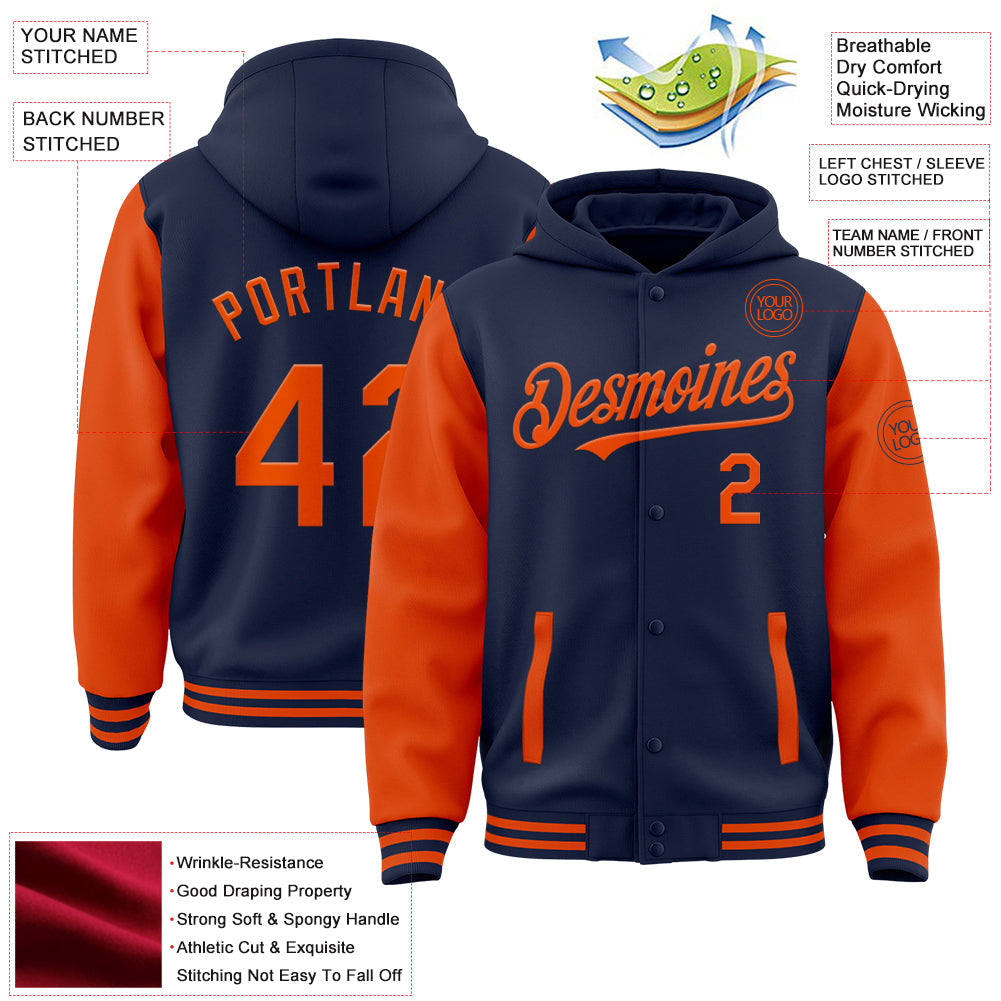 Custom Navy Orange Bomber Full-Snap Varsity Letterman Two Tone Hoodie Jacket view 3