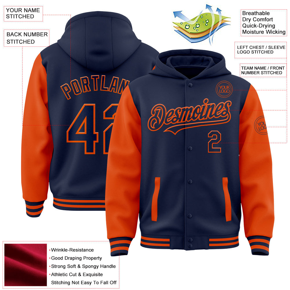 Custom Navy Orange Bomber Full-Snap Varsity Letterman Two Tone Hoodie Jacket view 3