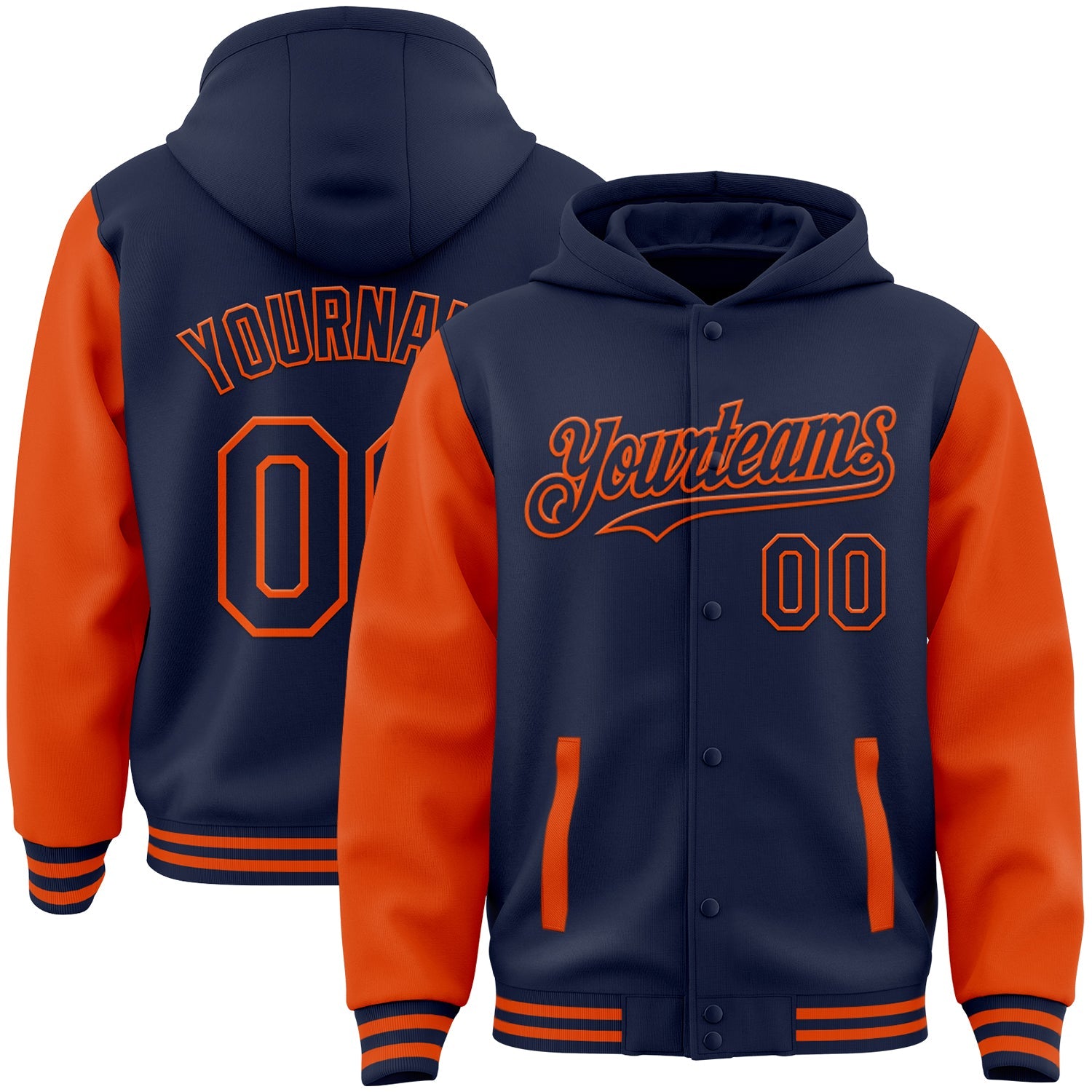 Custom Navy Orange Bomber Full-Snap Varsity Letterman Two Tone Hoodie Jacket - Main View