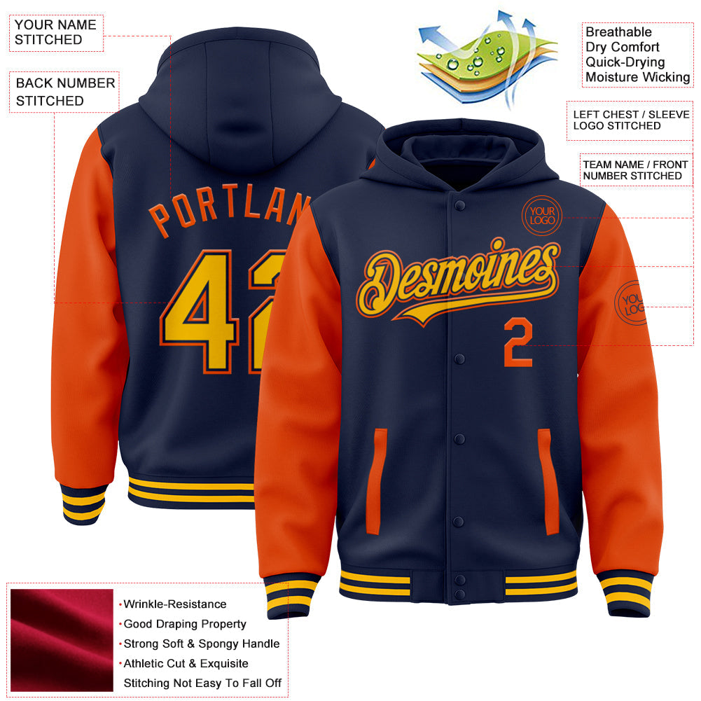 Custom Navy Gold-Orange Bomber Full-Snap Varsity Letterman Two Tone Hoodie Jacket view 3