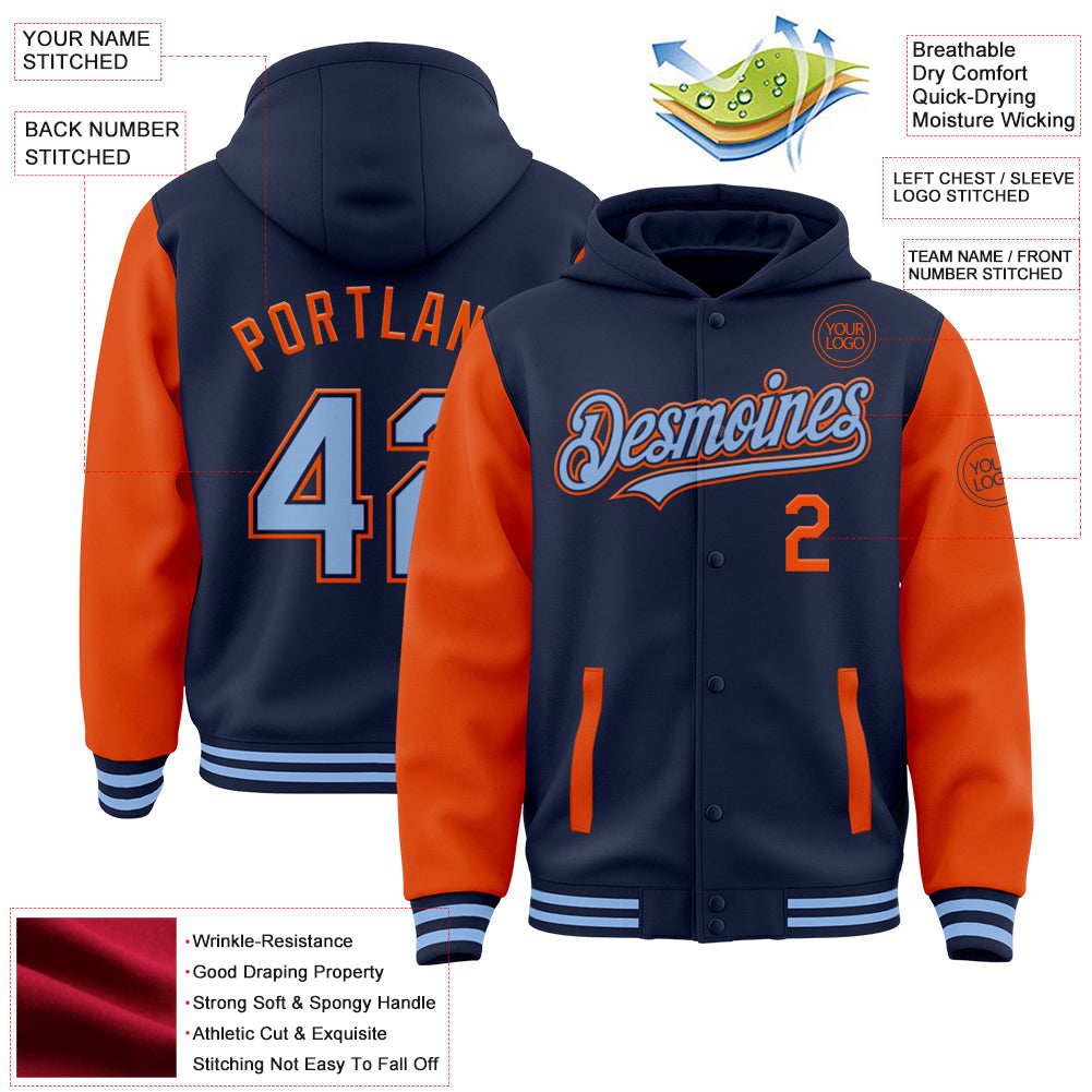 Custom Navy Light Blue-Orange Bomber Full-Snap Varsity Letterman Two Tone Hoodie Jacket view 3