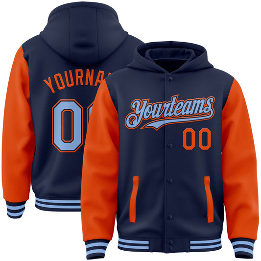 Custom Navy Light Blue-Orange Bomber Full-Snap Varsity Letterman Two Tone Hoodie Jacket - Main View