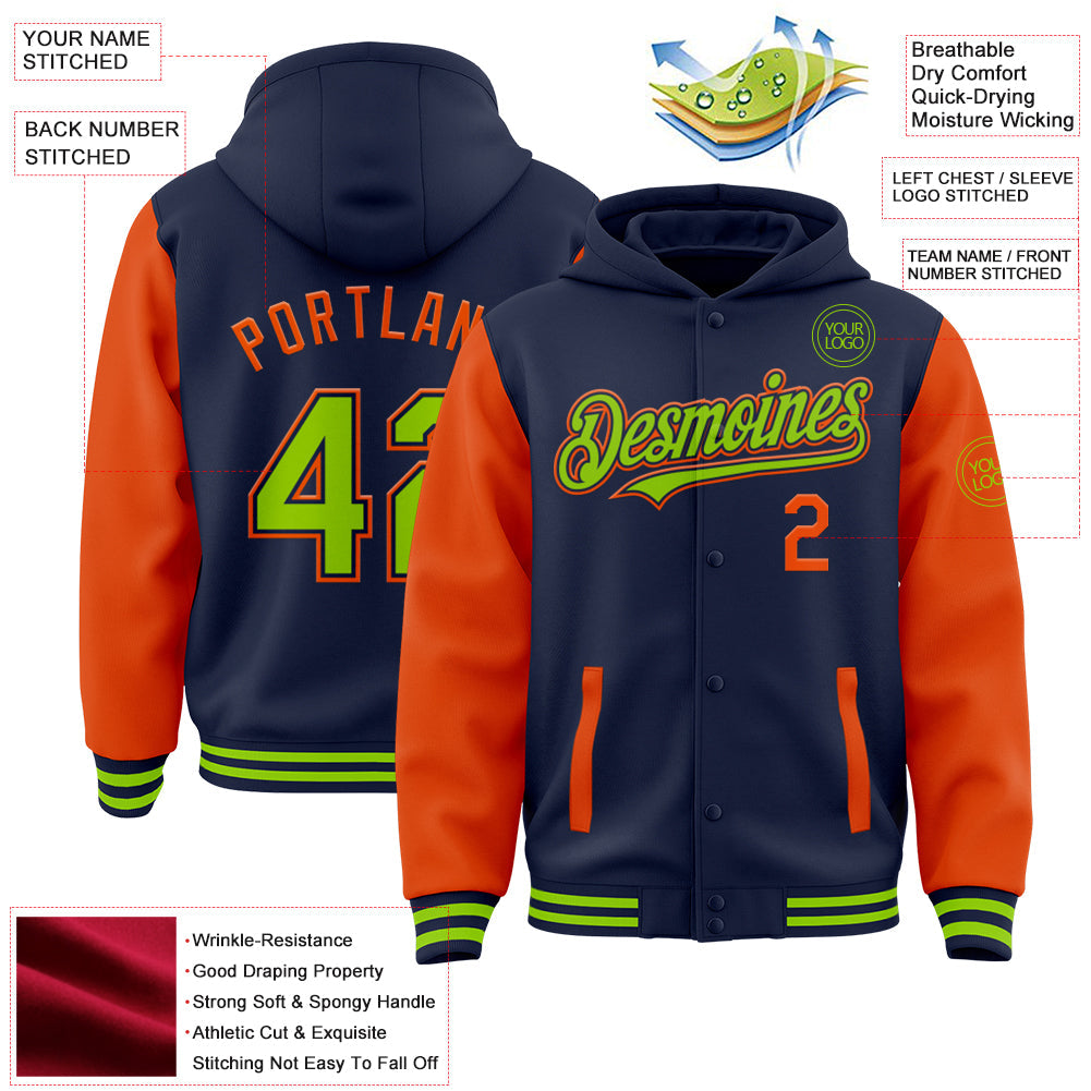 Custom Navy Neon Green-Orange Bomber Full-Snap Varsity Letterman Two Tone Hoodie Jacket view 3