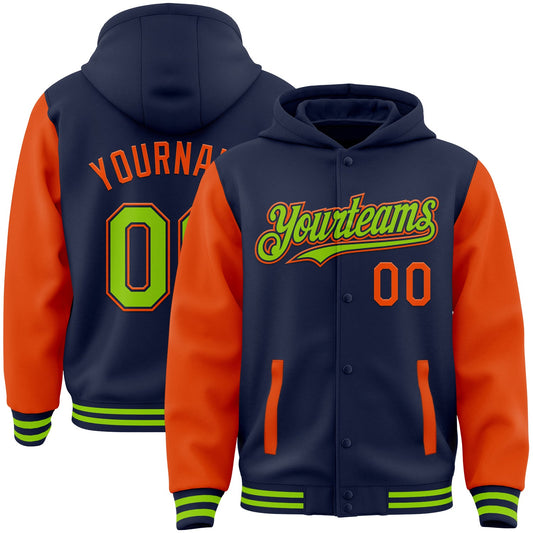 Custom Navy Neon Green-Orange Bomber Full-Snap Varsity Letterman Two Tone Hoodie Jacket - Main View