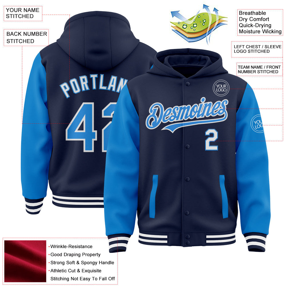 Custom Navy Powder Blue-White Bomber Full-Snap Varsity Letterman Two Tone Hoodie Jacket view 3