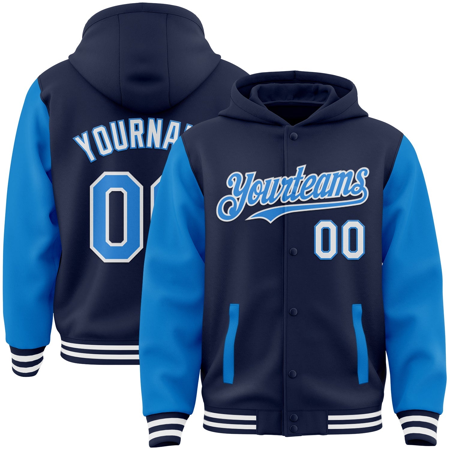 Custom Navy Powder Blue-White Bomber Full-Snap Varsity Letterman Two Tone Hoodie Jacket - Main View