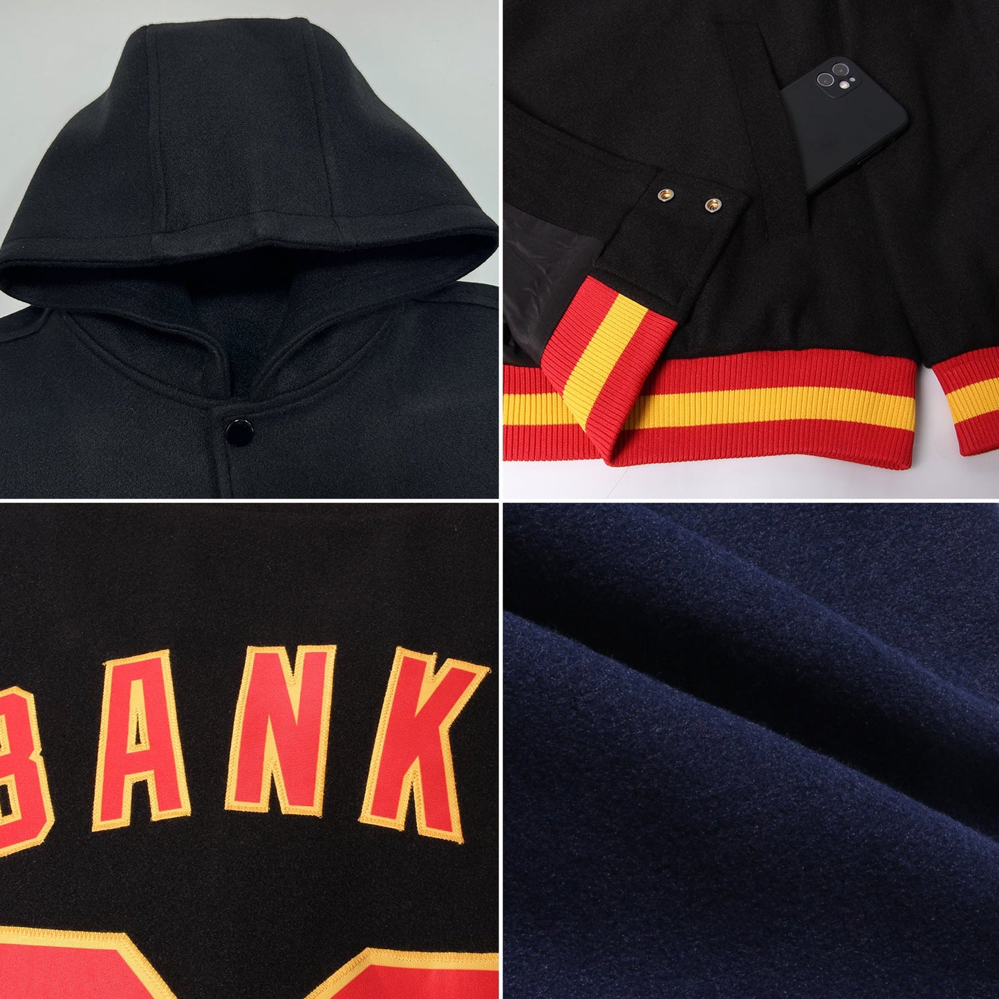 Custom Navy Crimson-White Bomber Full-Snap Varsity Letterman Two Tone Hoodie Jacket view 2