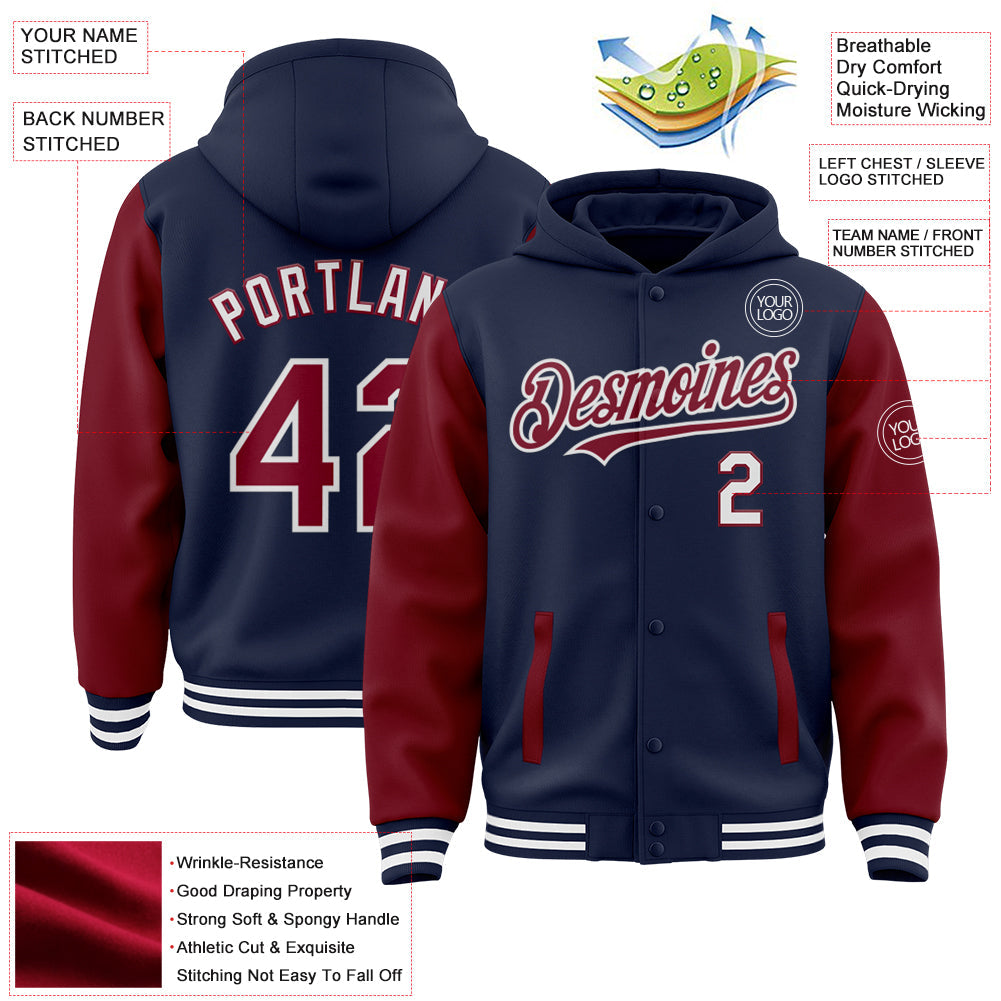 Custom Navy Crimson-White Bomber Full-Snap Varsity Letterman Two Tone Hoodie Jacket view 3