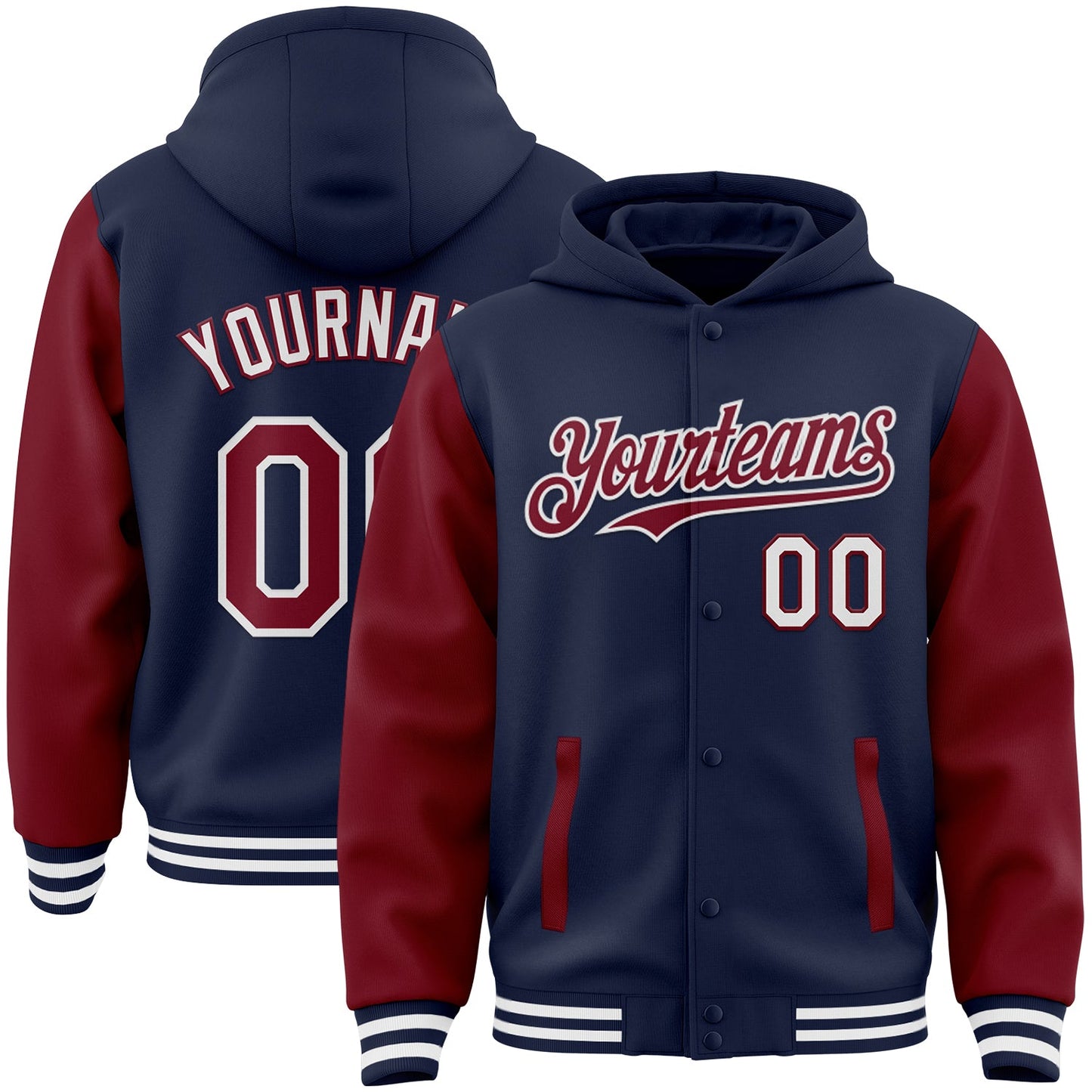 Custom Navy Crimson-White Bomber Full-Snap Varsity Letterman Two Tone Hoodie Jacket - Main View