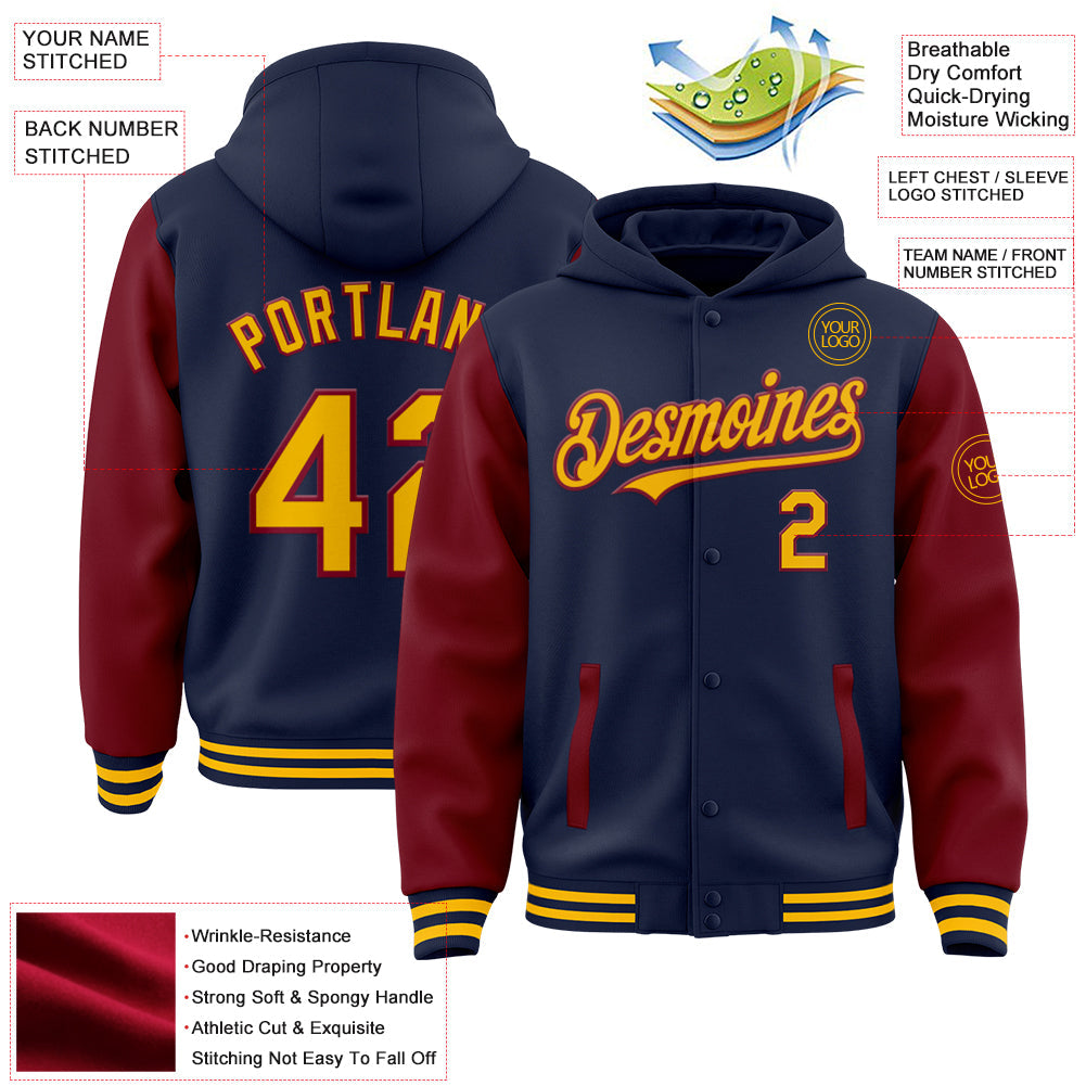 Custom Navy Gold-Crimson Bomber Full-Snap Varsity Letterman Two Tone Hoodie Jacket view 3