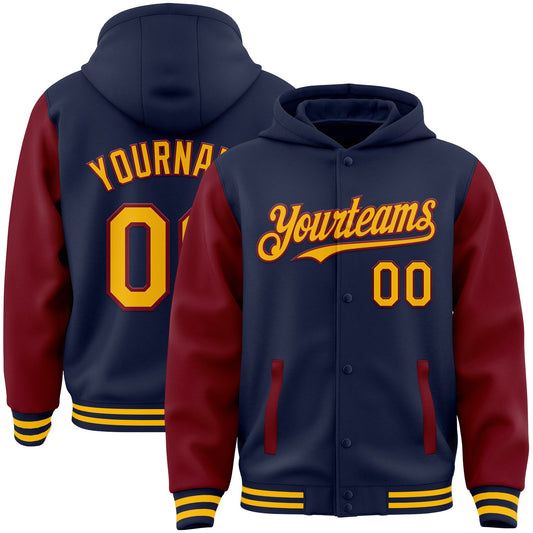 Custom Navy Gold-Crimson Bomber Full-Snap Varsity Letterman Two Tone Hoodie Jacket - Main View