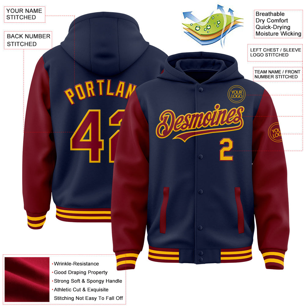 Custom Navy Crimson-Gold Bomber Full-Snap Varsity Letterman Two Tone Hoodie Jacket view 3