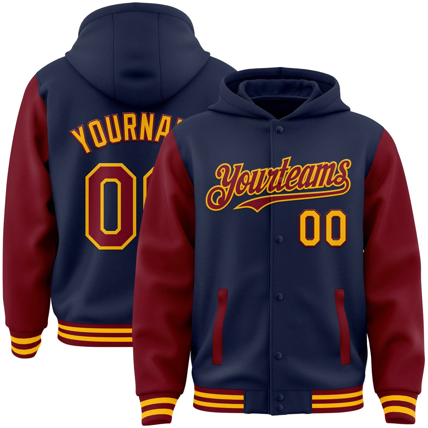 Custom Navy Crimson-Gold Bomber Full-Snap Varsity Letterman Two Tone Hoodie Jacket - Main View