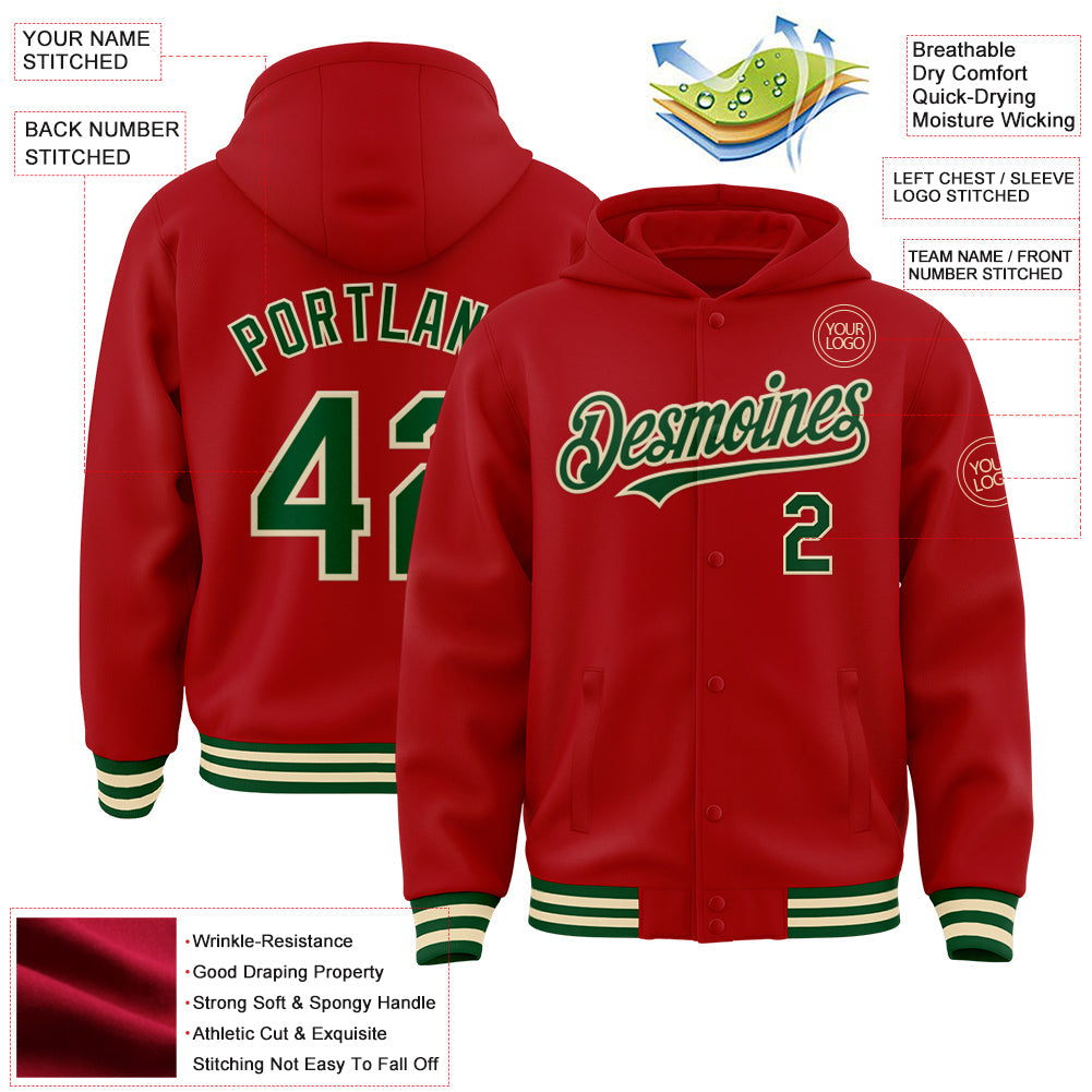 Custom Red Green-Cream Bomber Full-Snap Varsity Letterman Hoodie Jacket view 3