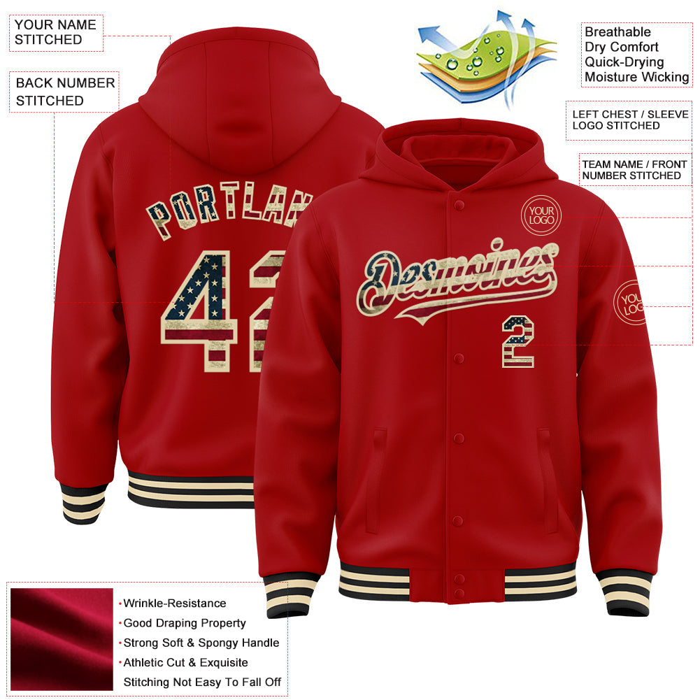 Custom Red Vintage USA Flag Cream-Black Bomber Full-Snap Varsity Letterman Hoodie Jacket view 3