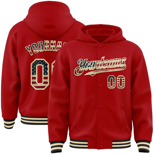 Custom Red Vintage USA Flag Cream-Black Bomber Full-Snap Varsity Letterman Hoodie Jacket - Main View