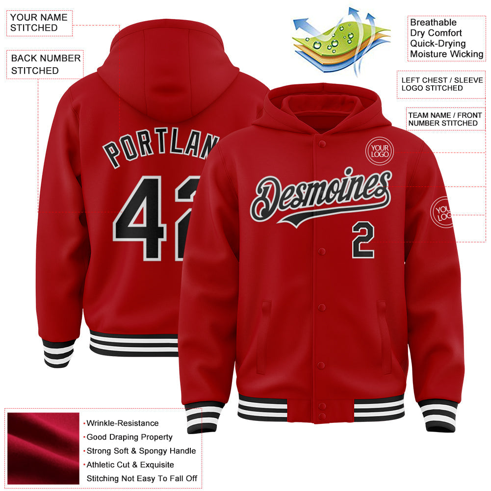Custom Red Black-White Bomber Full-Snap Varsity Letterman Hoodie Jacket view 3