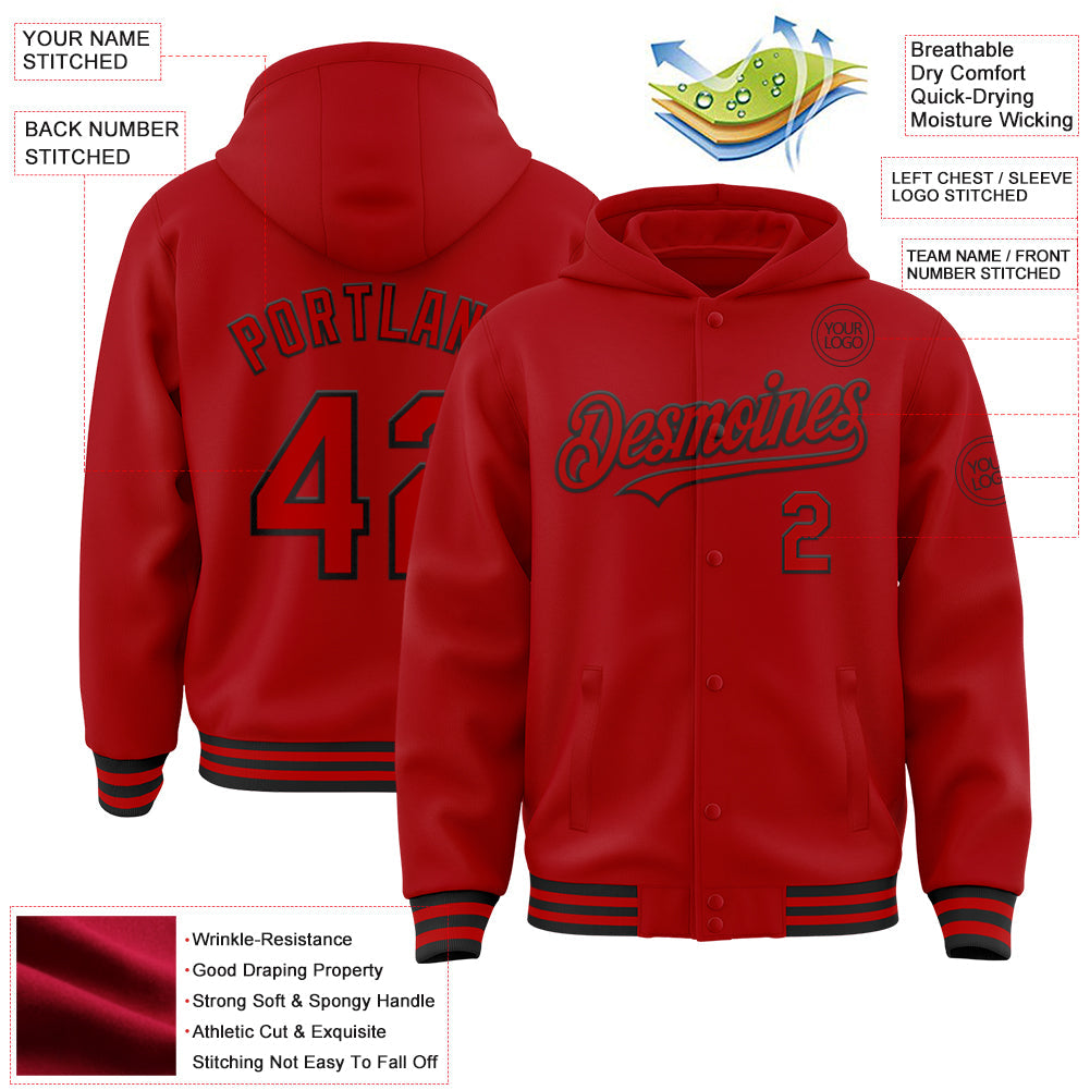 Custom Red Black Bomber Full-Snap Varsity Letterman Hoodie Jacket view 3