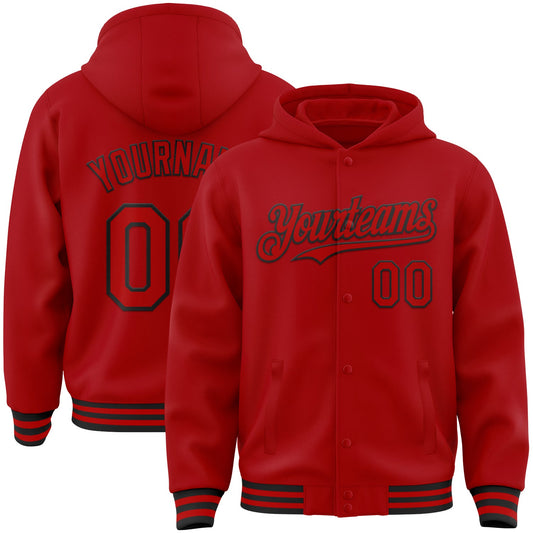 Custom Red Black Bomber Full-Snap Varsity Letterman Hoodie Jacket - Main View