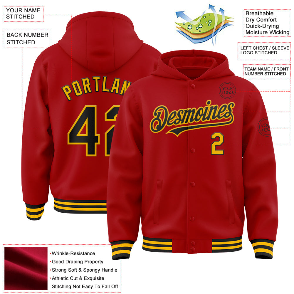 Custom Red Black-Gold Bomber Full-Snap Varsity Letterman Hoodie Jacket view 3