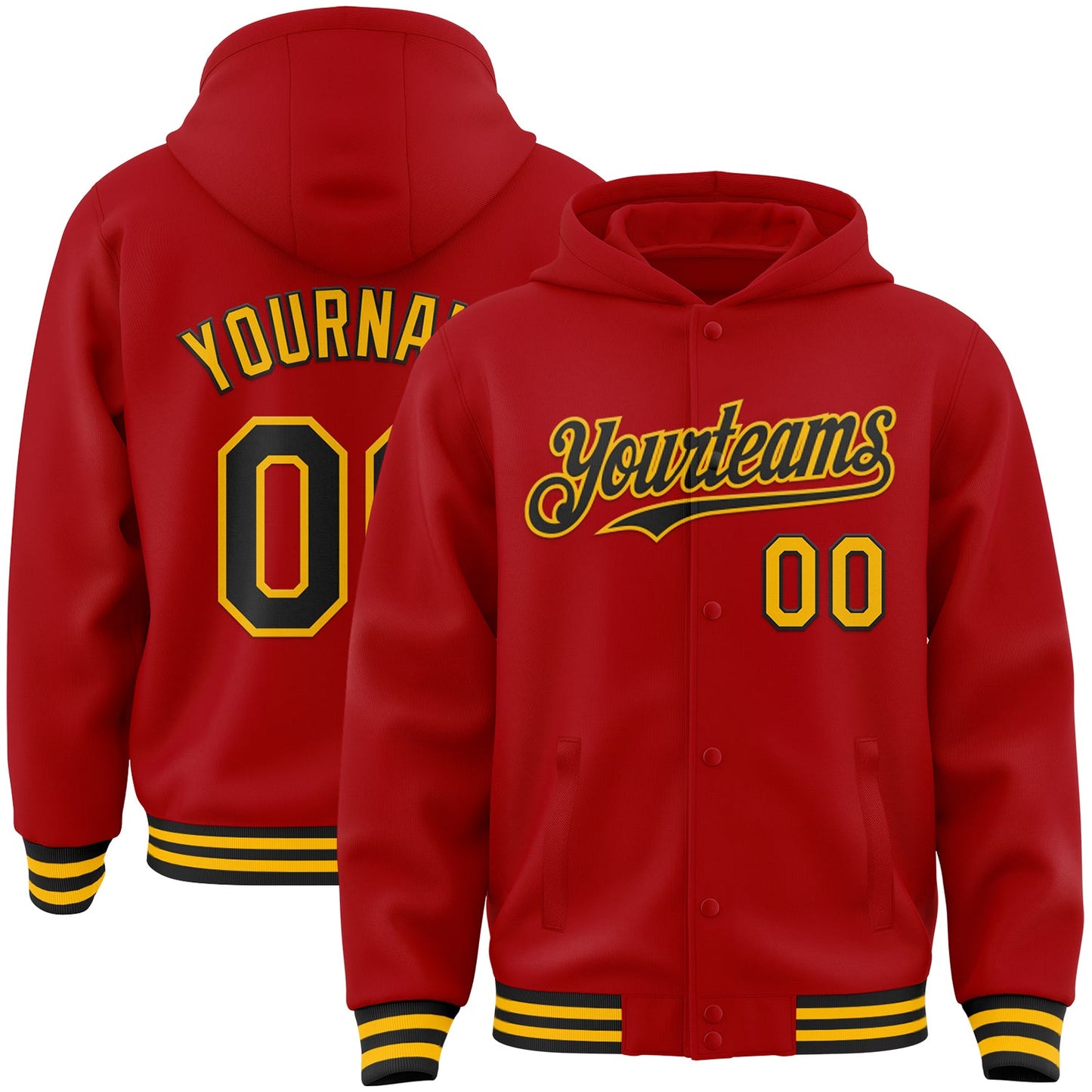 Custom Red Black-Gold Bomber Full-Snap Varsity Letterman Hoodie Jacket - Main View
