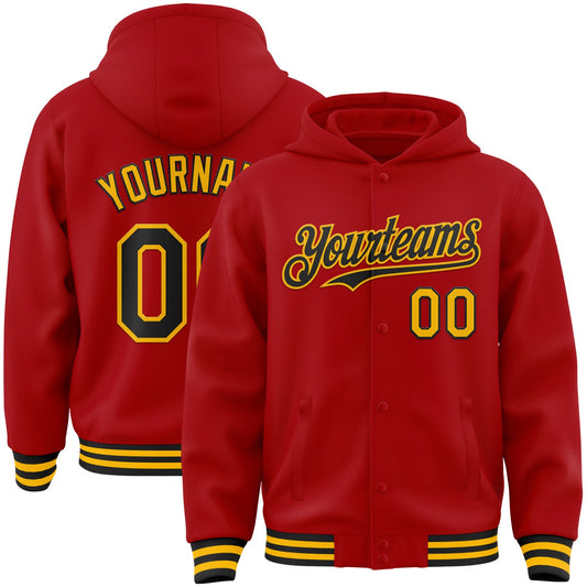 Custom Red Black-Gold Bomber Full-Snap Varsity Letterman Hoodie Jacket - Main View