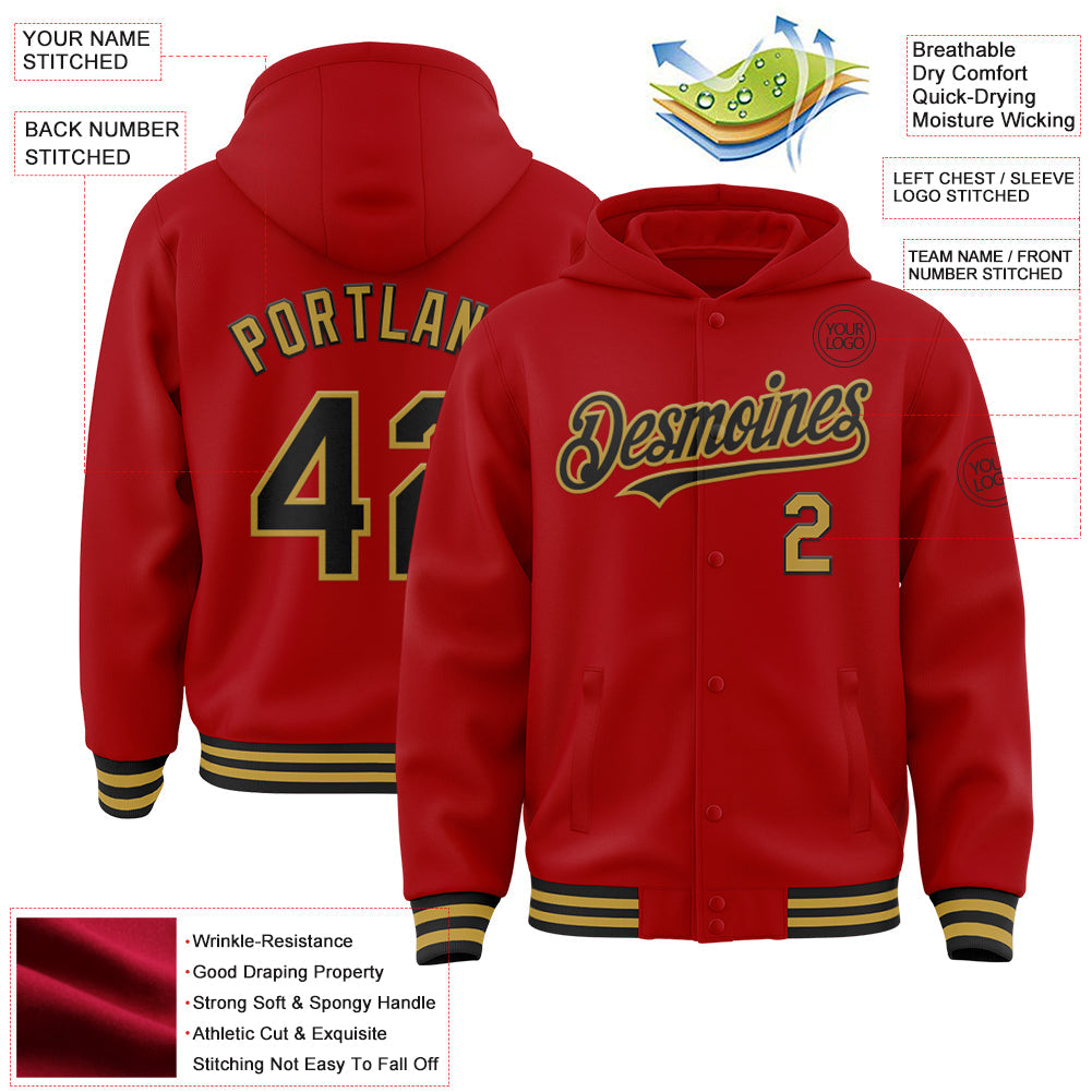 Custom Red Black-Old Gold Bomber Full-Snap Varsity Letterman Hoodie Jacket view 3