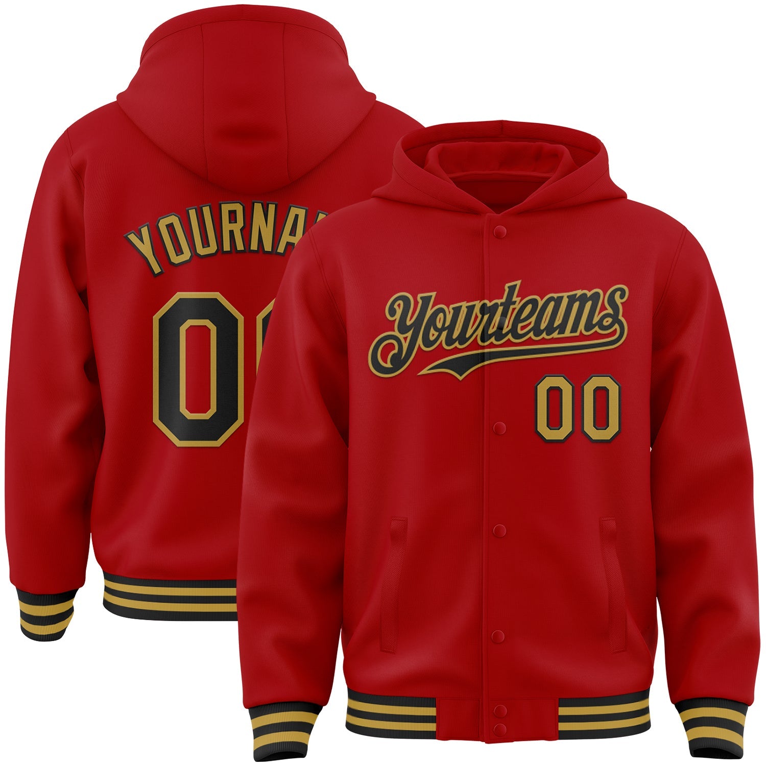 Custom Red Black-Old Gold Bomber Full-Snap Varsity Letterman Hoodie Jacket - Main View