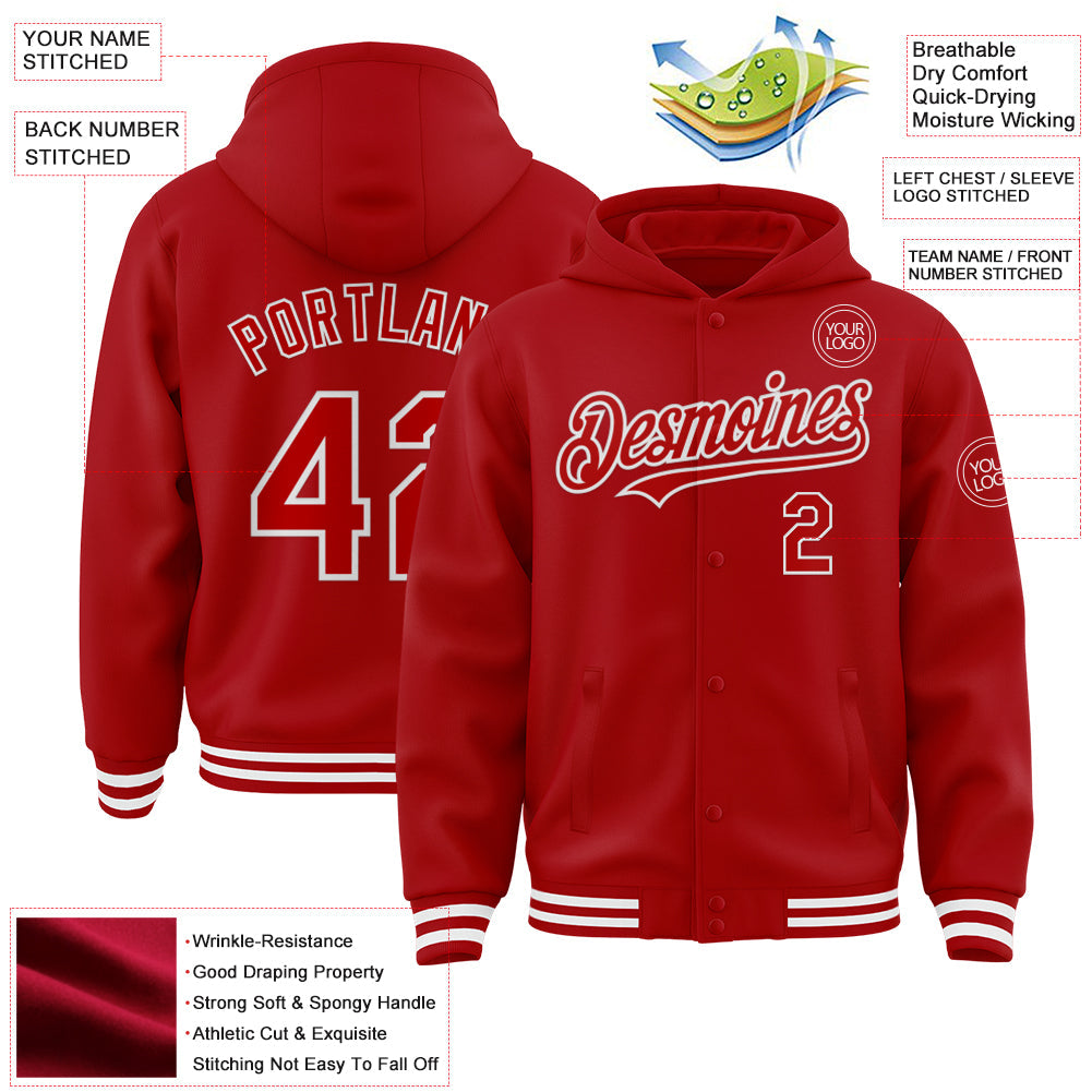 Custom Red White Bomber Full-Snap Varsity Letterman Hoodie Jacket view 3