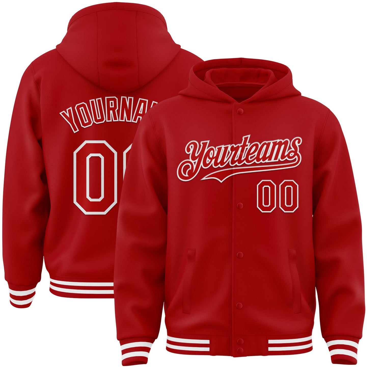 Custom Red White Bomber Full-Snap Varsity Letterman Hoodie Jacket - Main View