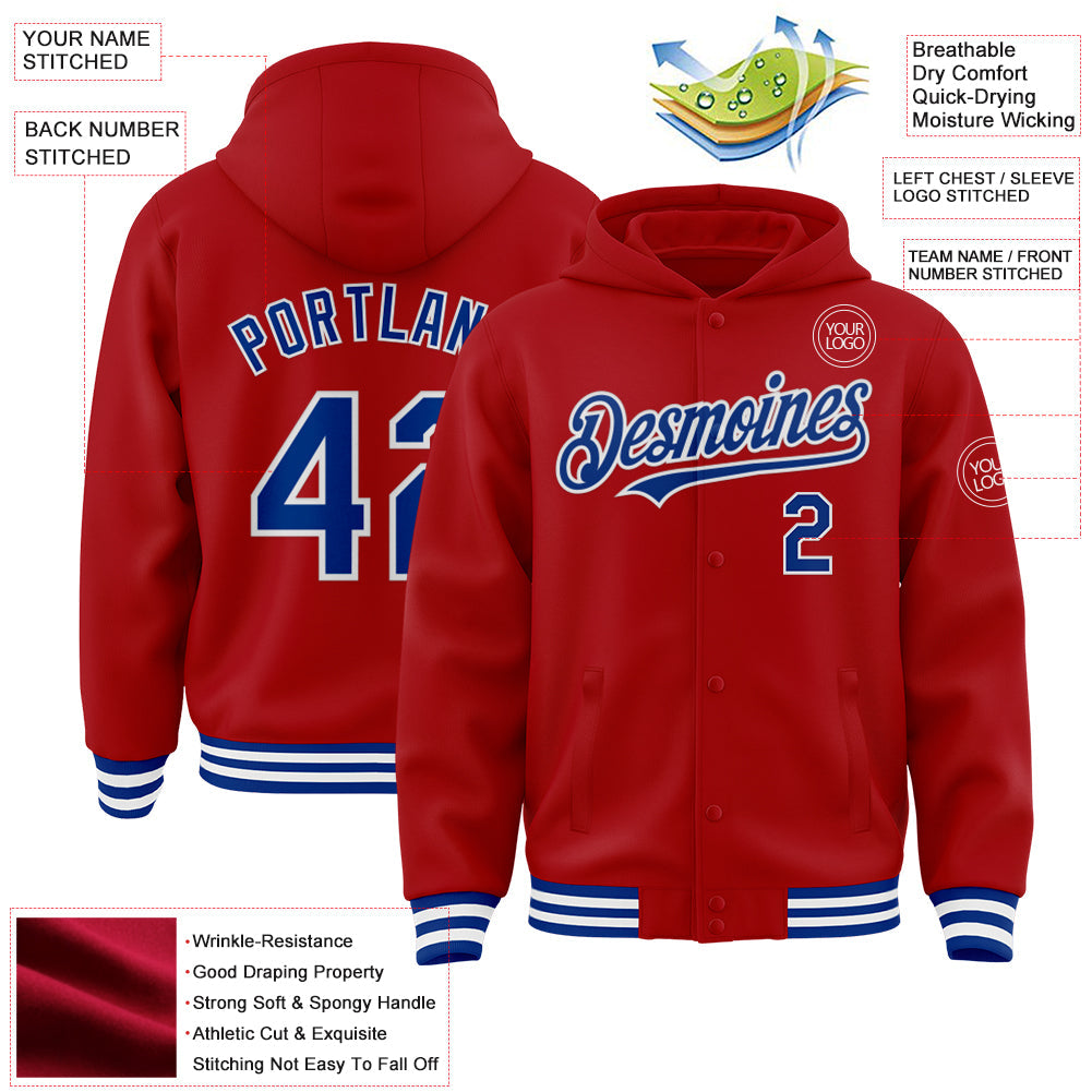 Custom Red Royal-White Bomber Full-Snap Varsity Letterman Hoodie Jacket view 3