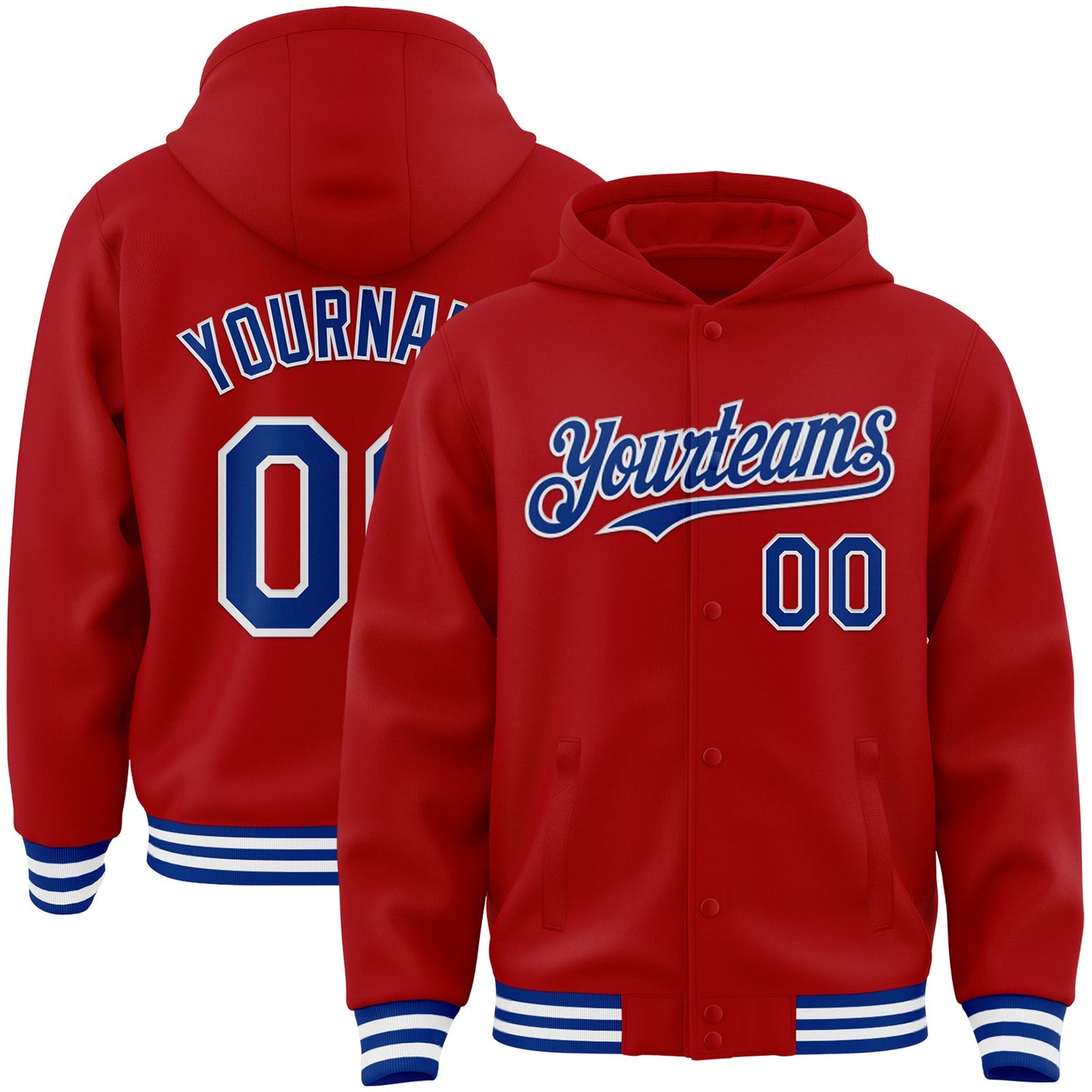 Custom Red Royal-White Bomber Full-Snap Varsity Letterman Hoodie Jacket - Main View